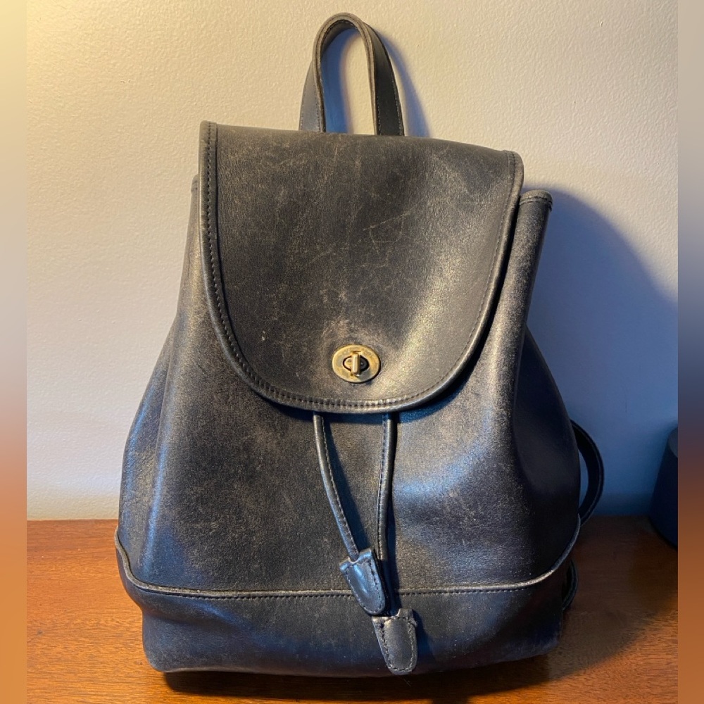 Coach Black Leather Backpack with Drawstring Closure